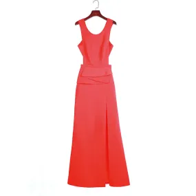 1D58 Women solid round neck bare back cascading designed waist long evening dress