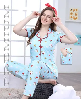 Cotton Blue Printed Women Night Suit