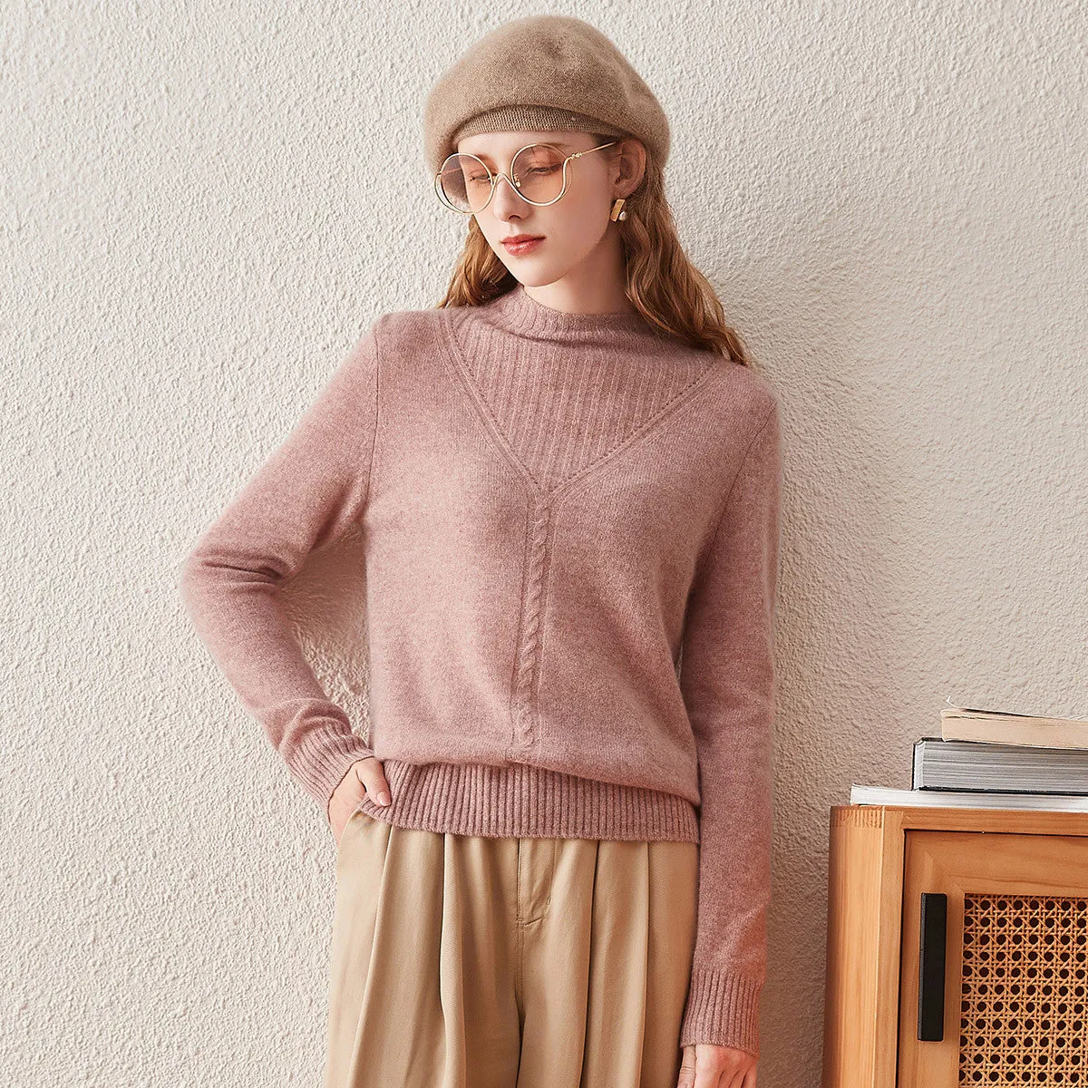 100% Cashmere Mock Neck Cable Knit Sweater