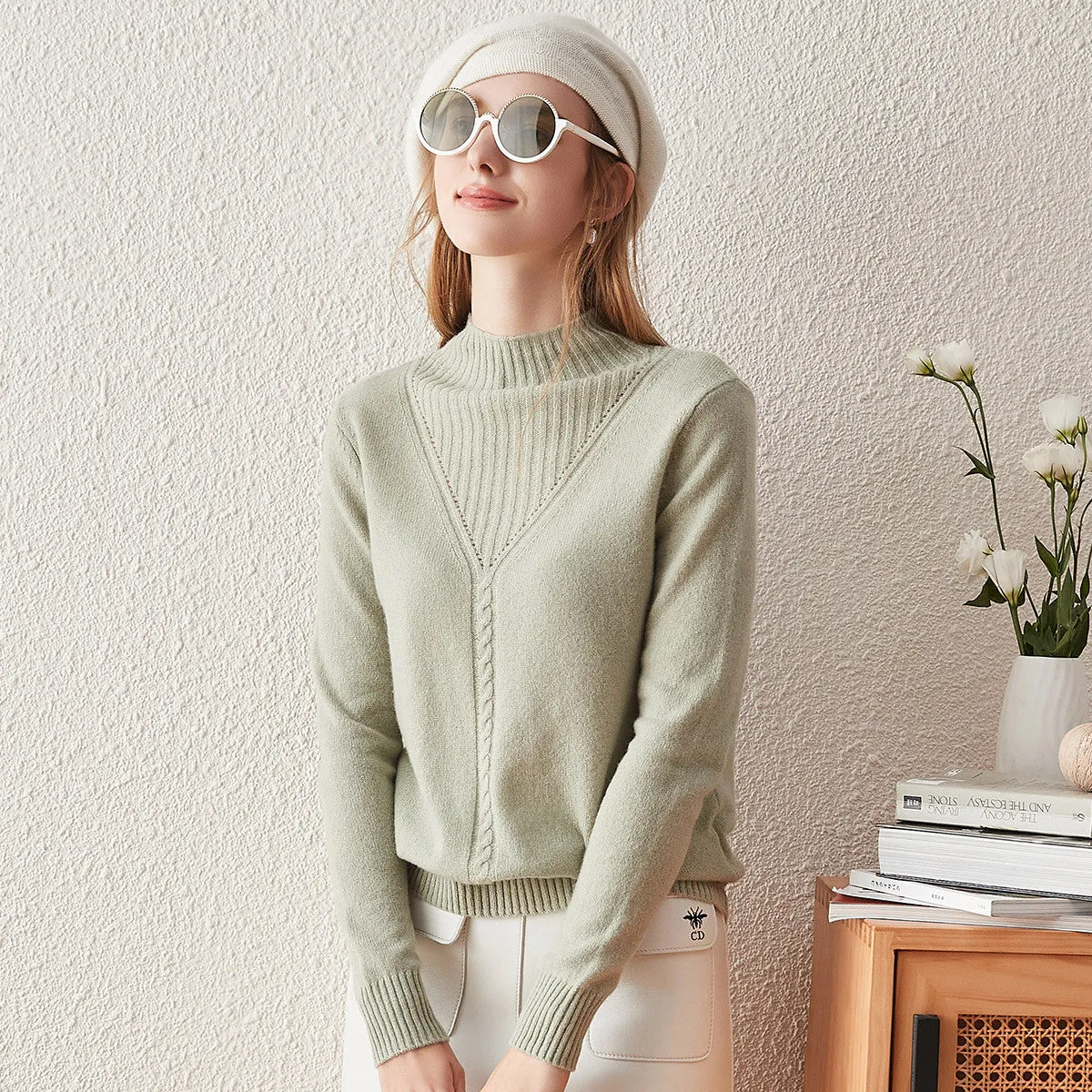 100% Cashmere Mock Neck Cable Knit Sweater