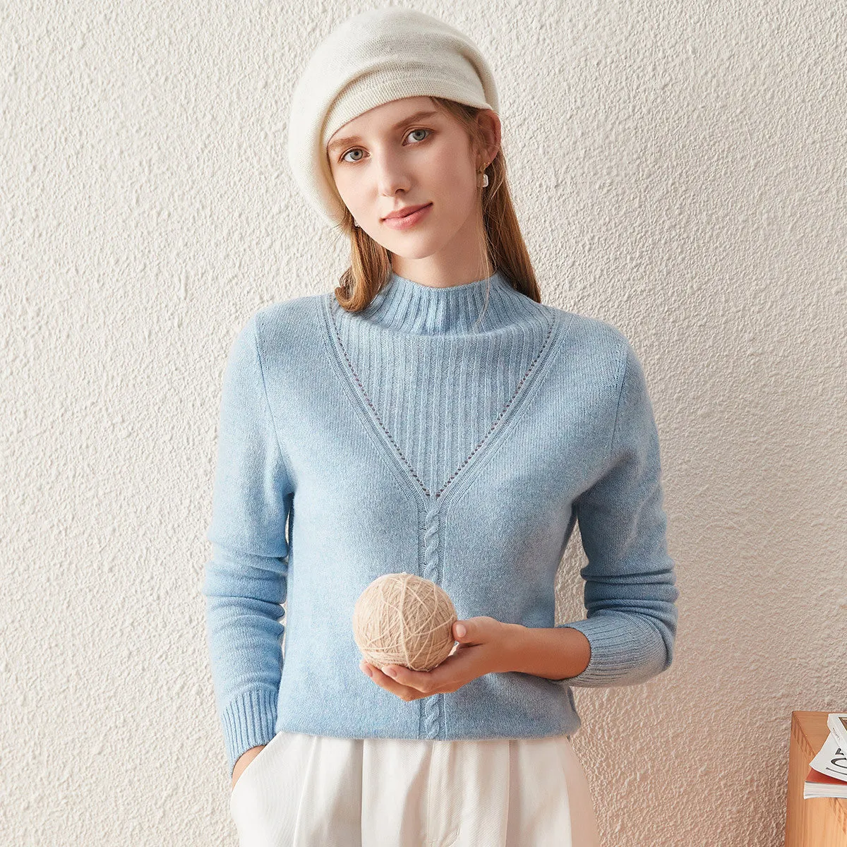 100% Cashmere Mock Neck Cable Knit Sweater