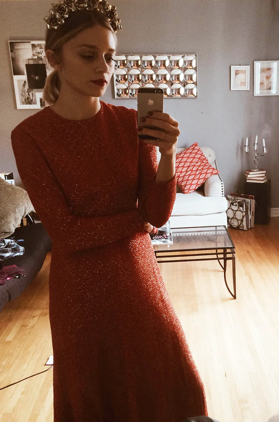 1970s Adele Simpson Coral & Gold Lurex Dress