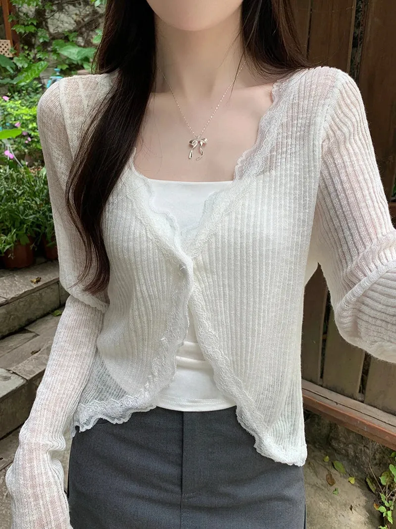 Aiertu Lace Trim One Button Long Sleeve Crop Top Women Short Sleeve Open Front Ribbed Knit Cardigan Sweater Summer Fairycore Outfit