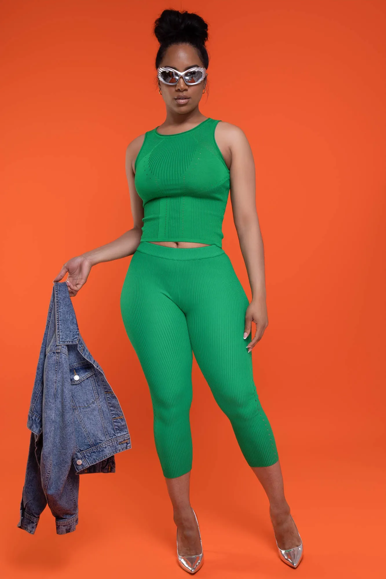 Bad Decision Sleeveless Knit Leggings Set - Green