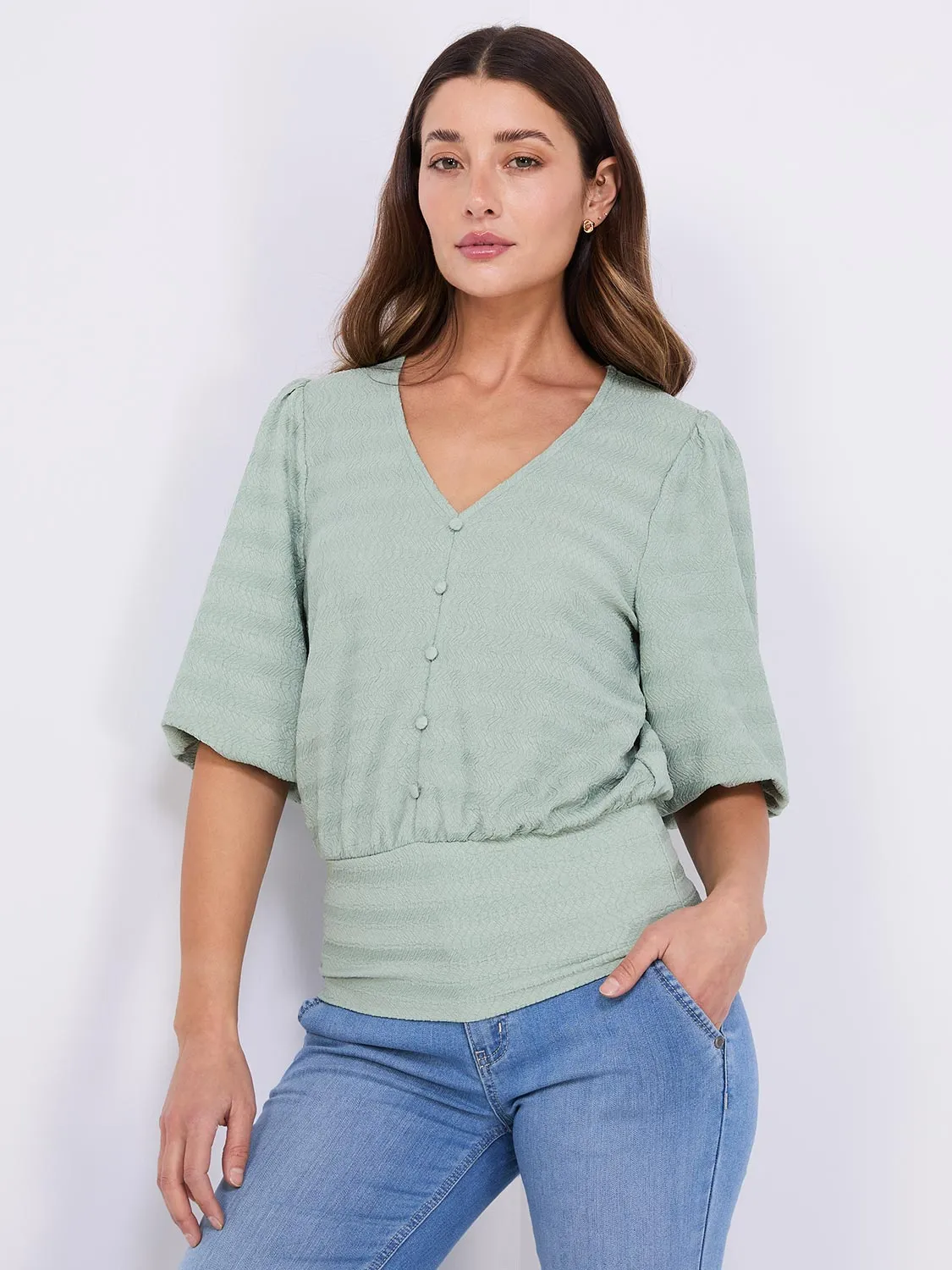 Balloon Sleeve V-Neck Top With Bottom Band