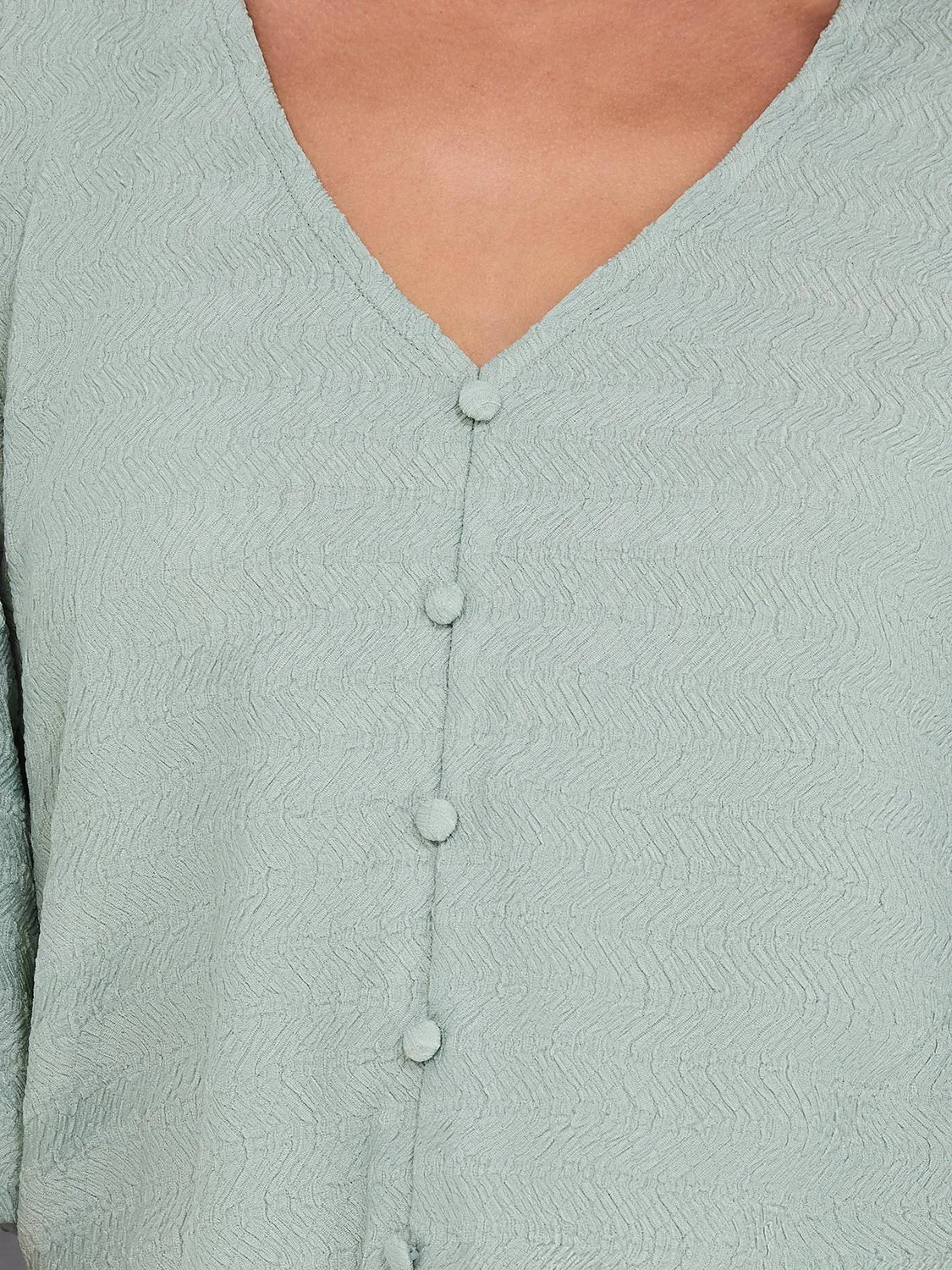 Balloon Sleeve V-Neck Top With Bottom Band