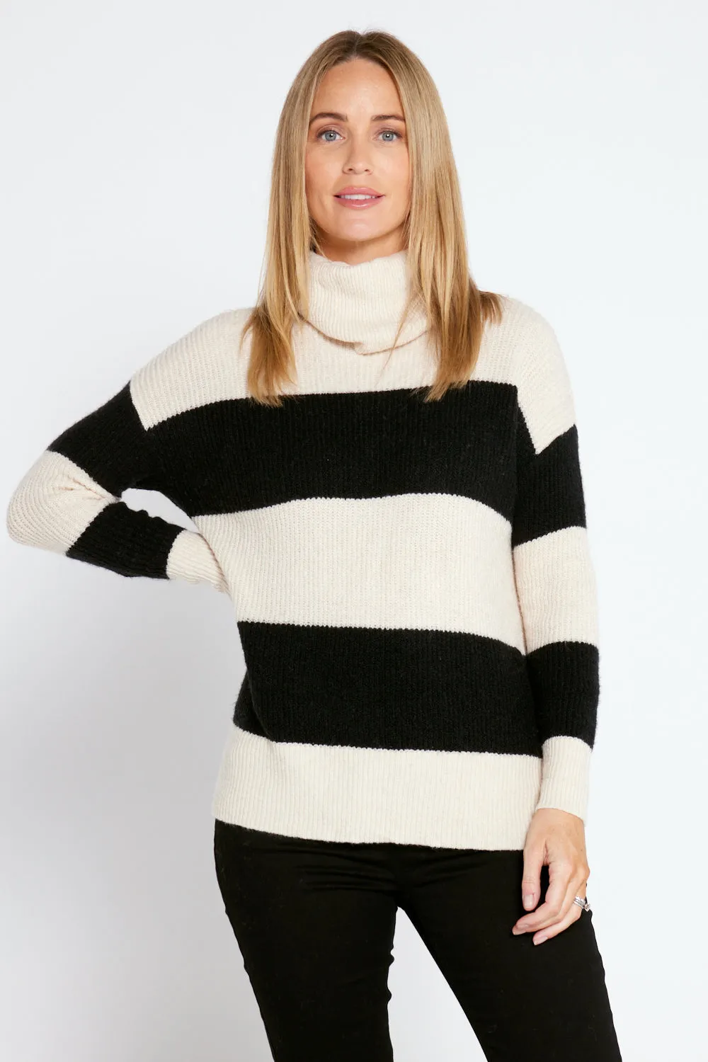 Barika Cowl Knit Top - Cream/Black Stripe