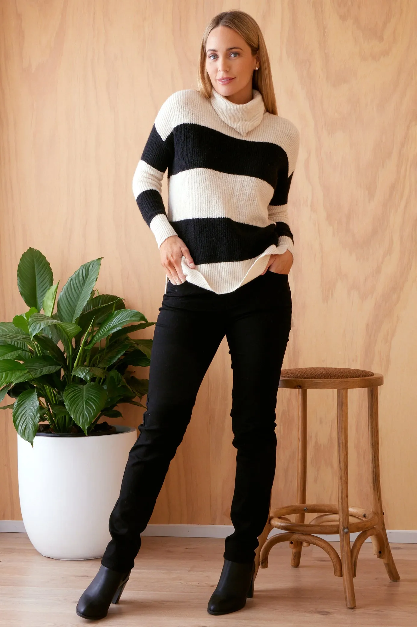 Barika Cowl Knit Top - Cream/Black Stripe