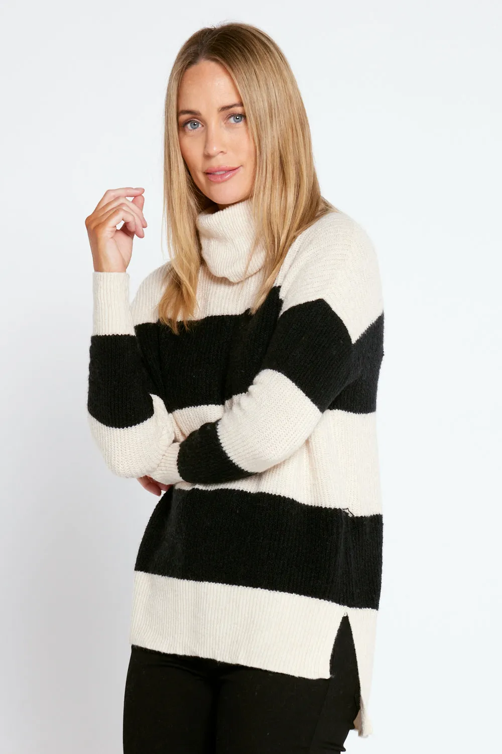 Barika Cowl Knit Top - Cream/Black Stripe