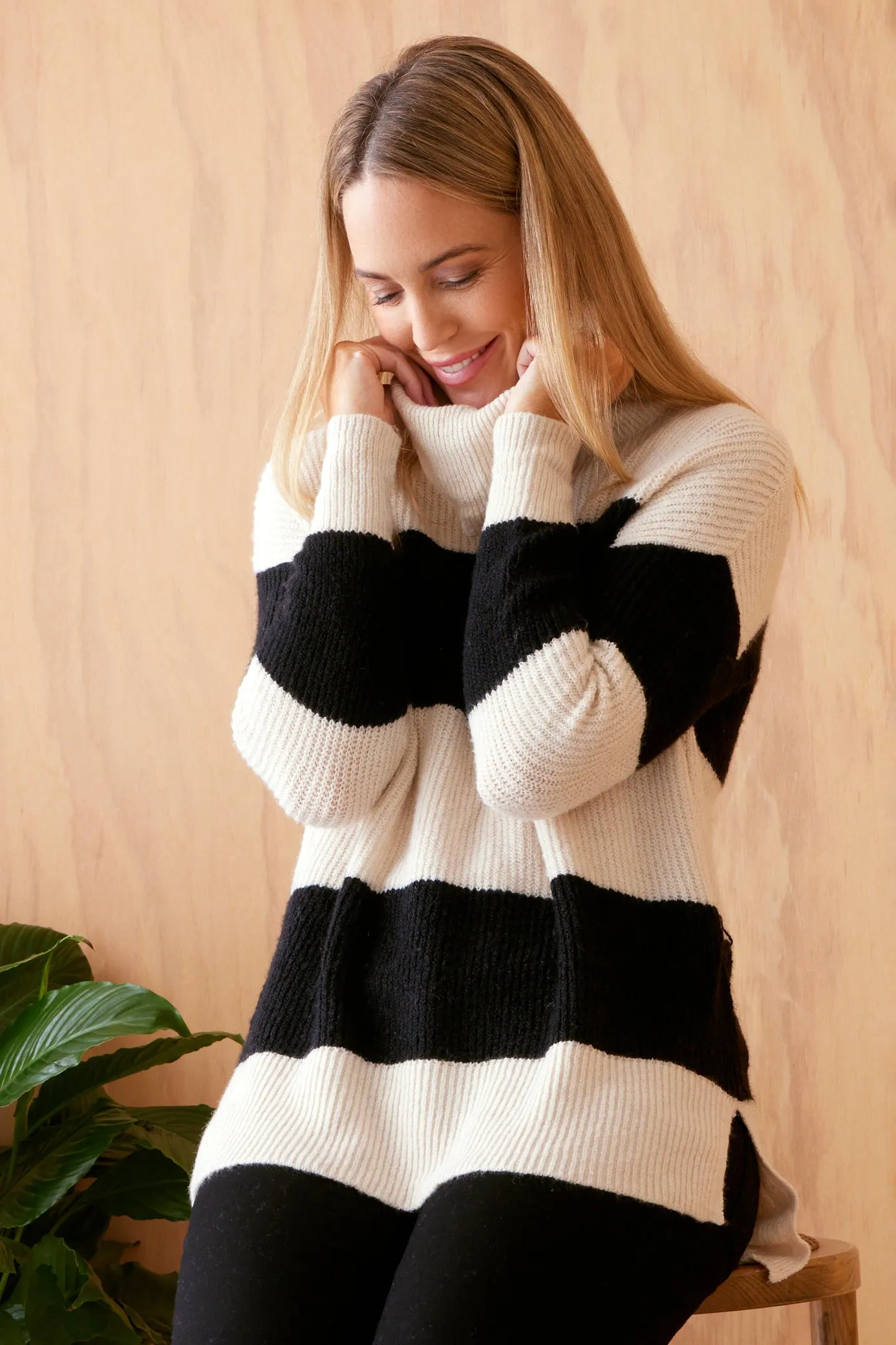 Barika Cowl Knit Top - Cream/Black Stripe