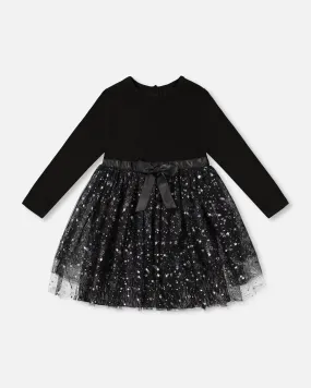 Bi-Material Dress With Glittering Tulle Skirt Black