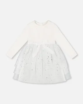 Bi-Material Dress With Glittering Tulle Skirt Off White