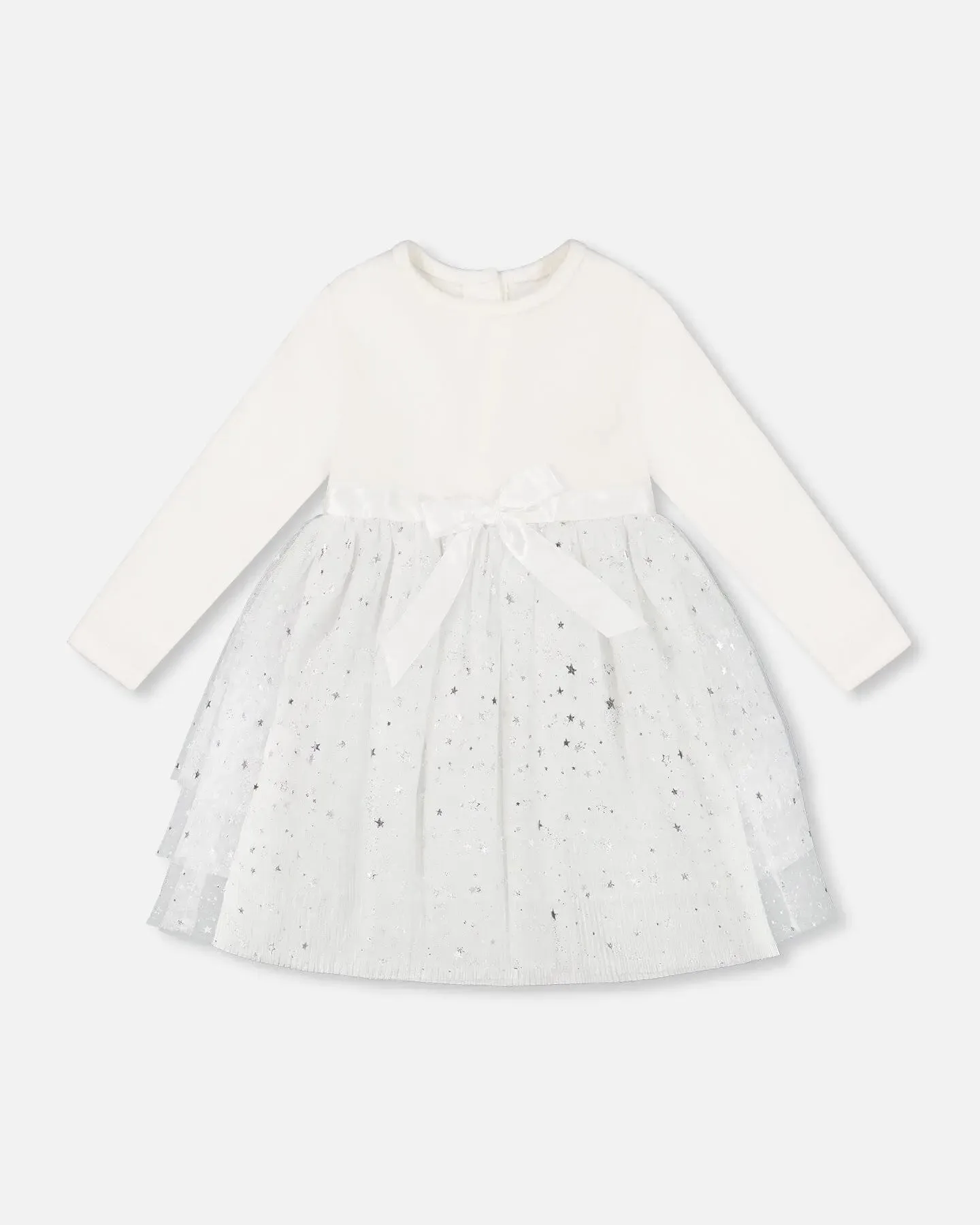 Bi-Material Dress With Glittering Tulle Skirt Off White