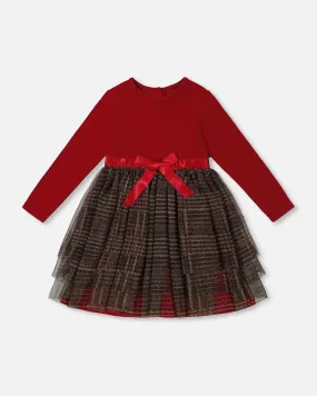 Bi-Material Dress With Glittering Tulle Skirt Red Plaid