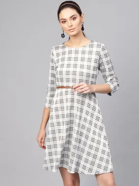 Black & Grey Check Belted Skater Dress