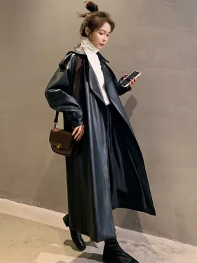 Black Oversized Long Waterproof Leather Trench Coat for Women 2022 S-7XL