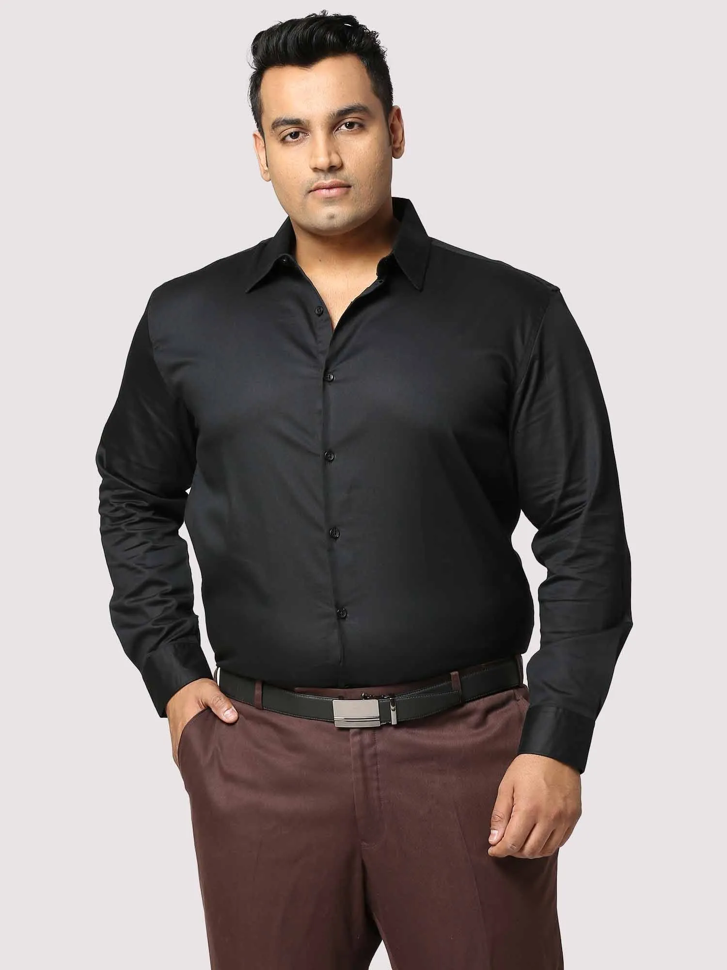 Black Solid Stretchable Cotton Shirt Men's Plus Size