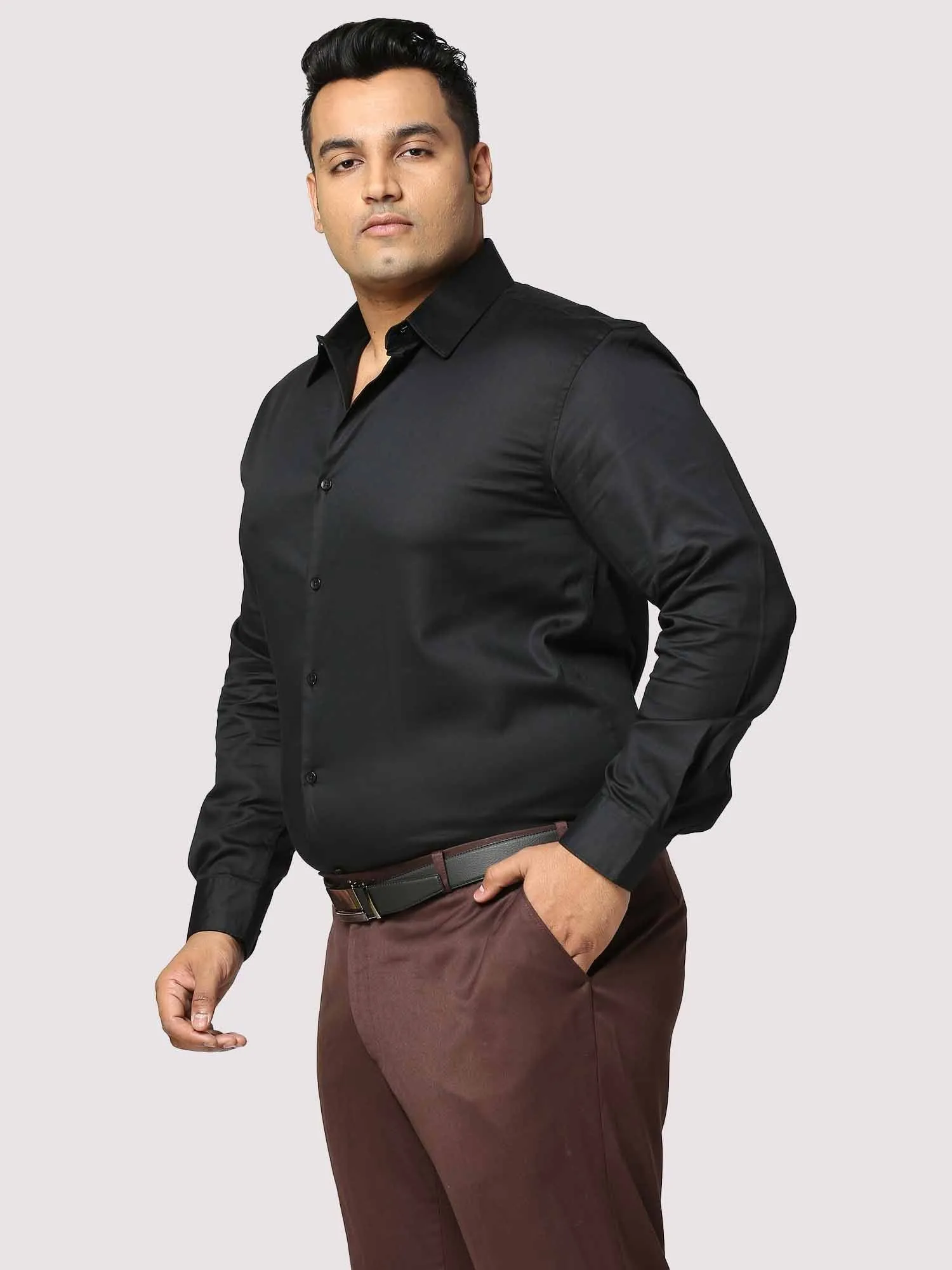 Black Solid Stretchable Cotton Shirt Men's Plus Size