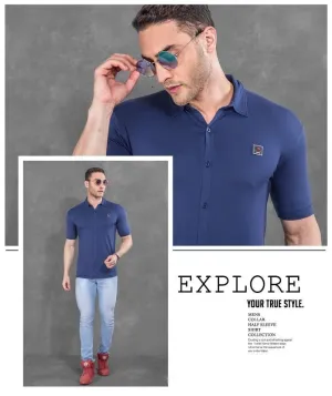 Blue Solid Slim fit Cotton polo collar shirt for men