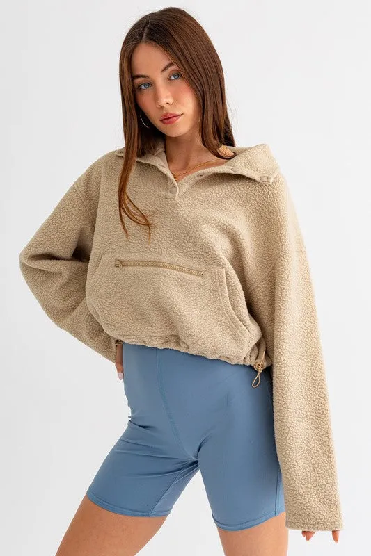 Bohemian Pocket Detail Boxy Fleece Pullover Sweater