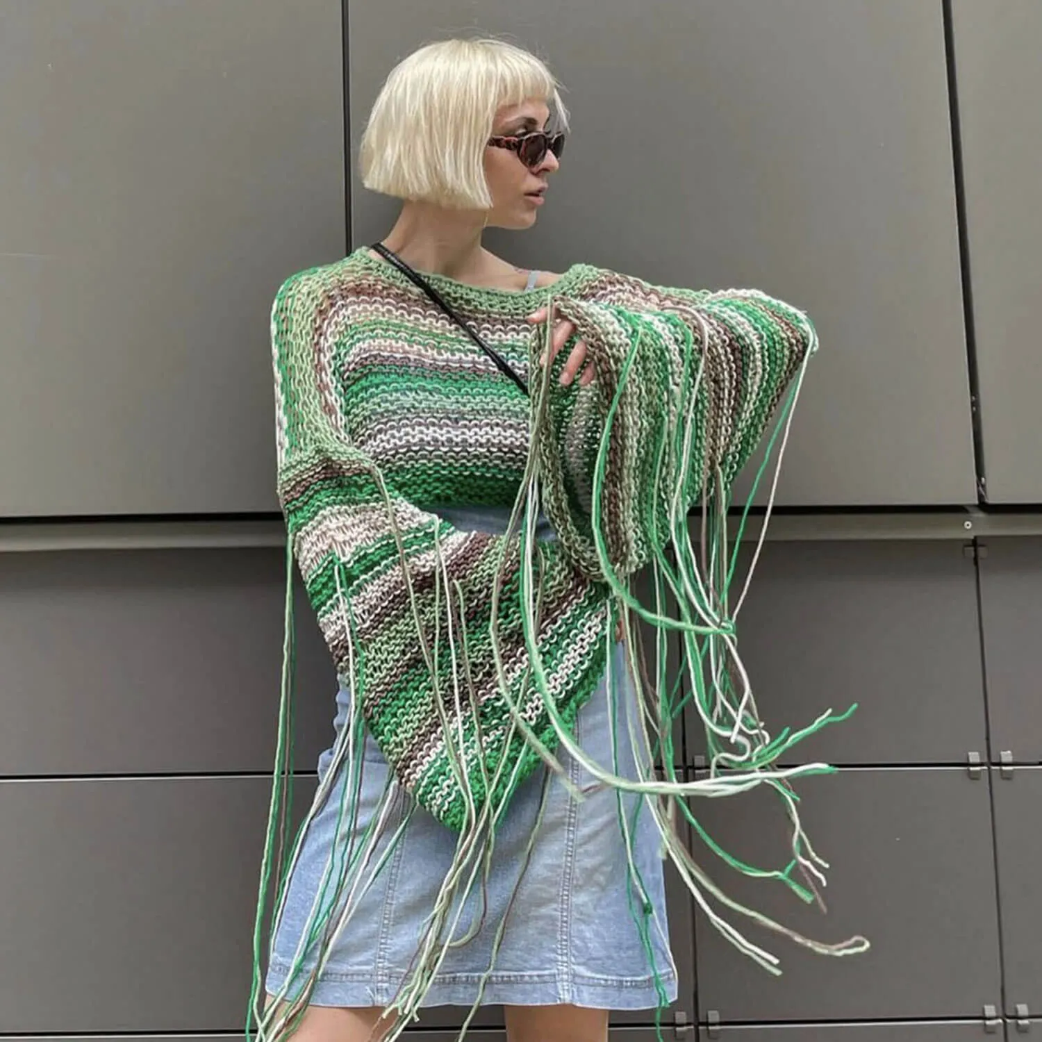 Boho Style Fringe Detail Bell Sleeve Rainbow Stripe Crochet Knit Crop Sweater