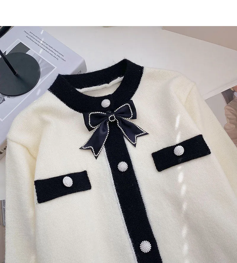 Bow small fragrance retro color matching long sleeved knitted cardigan  6495