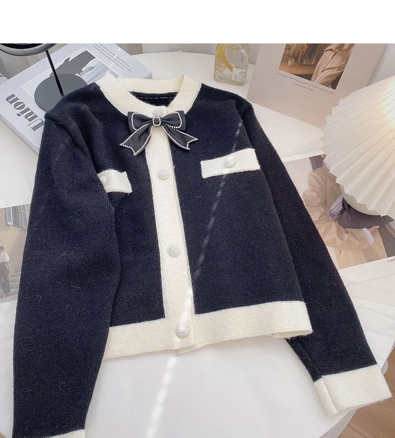 Bow small fragrance retro color matching long sleeved knitted cardigan  6495