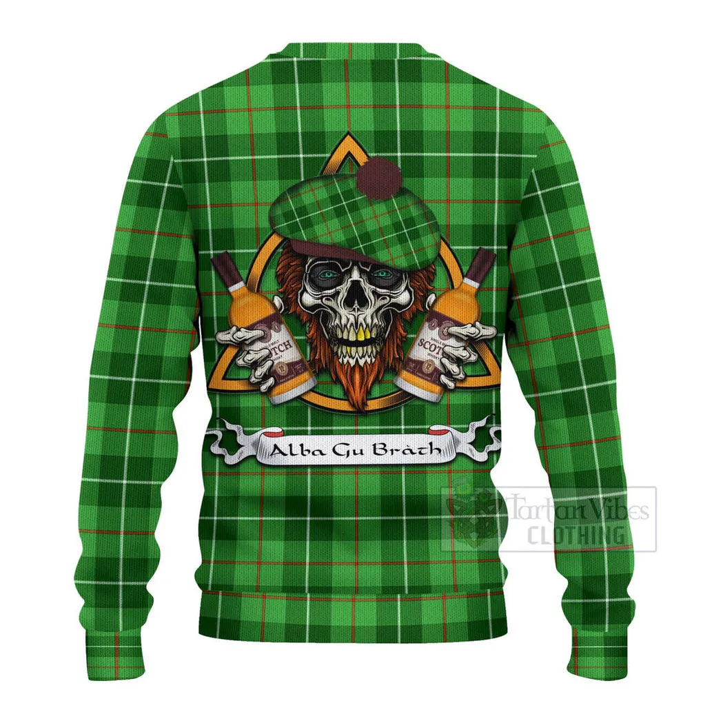 Boyle Tartan Ugly Sweater with Family Crest and Bearded Skull Holding Bottles of Whiskey