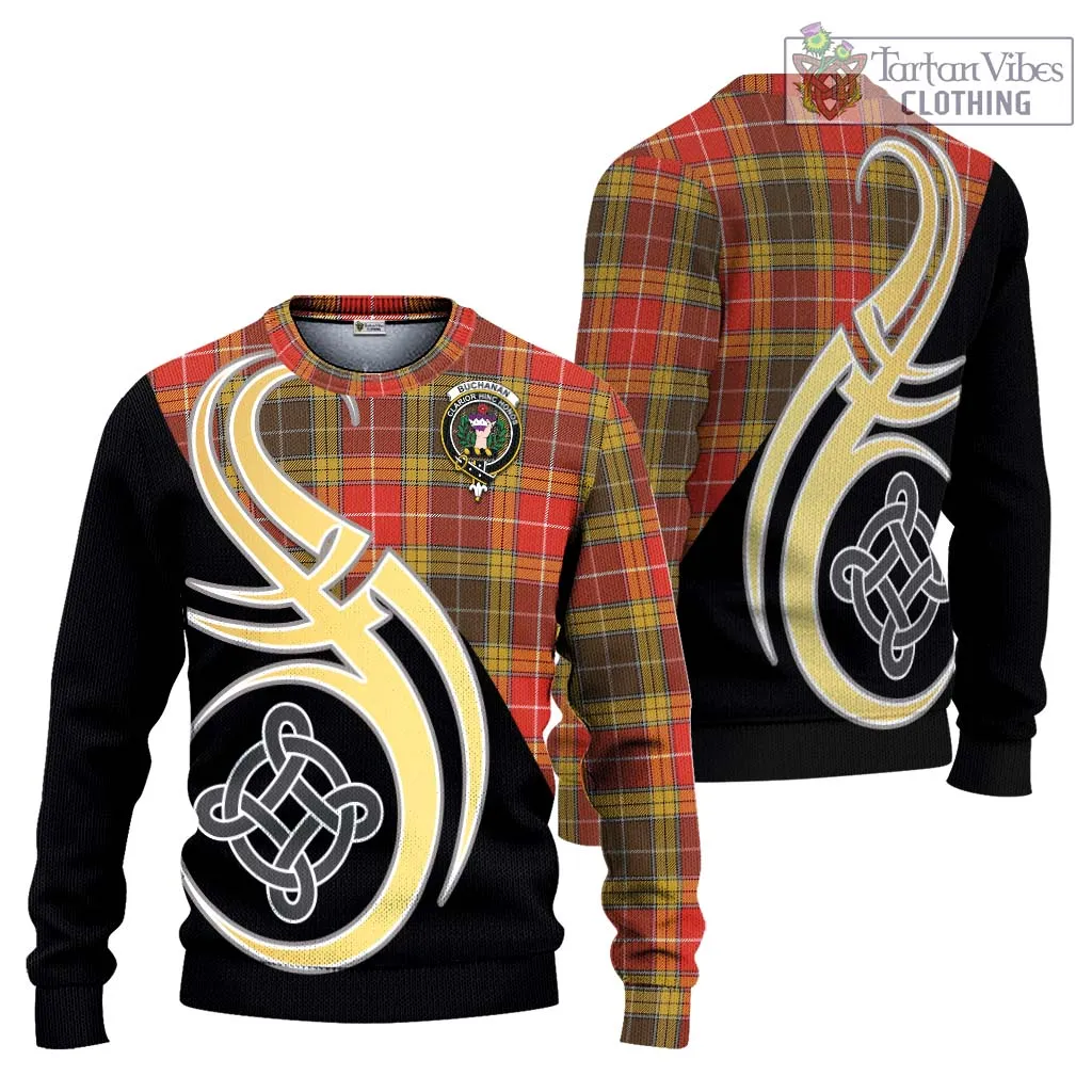 Buchanan Old Set Weathered Tartan Ugly Sweater with Family Crest and Celtic Symbol Style