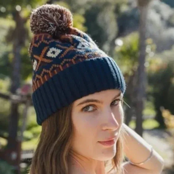 Camel & Blue Aztec Tribal Bohemian Knit Winter Cozy Pom Beanie Hat