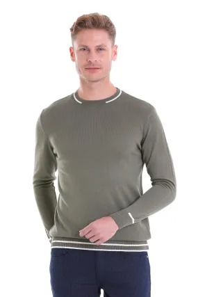 Comfort Fit Stripes Wool Blend Khaki Crewneck Sweater