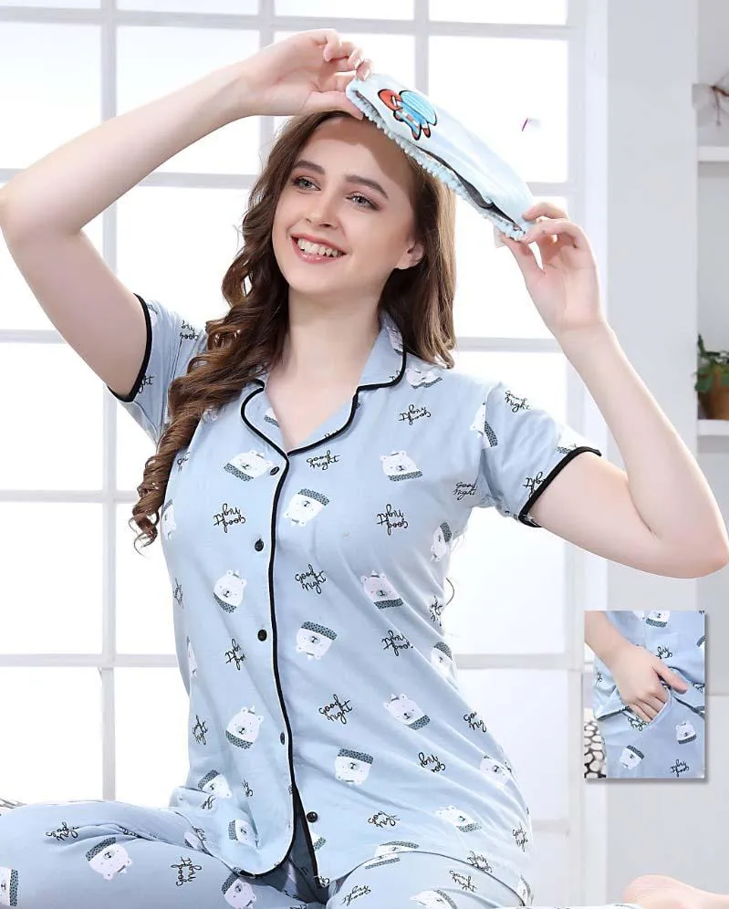 Cotton Grey Printed Women Night Suit