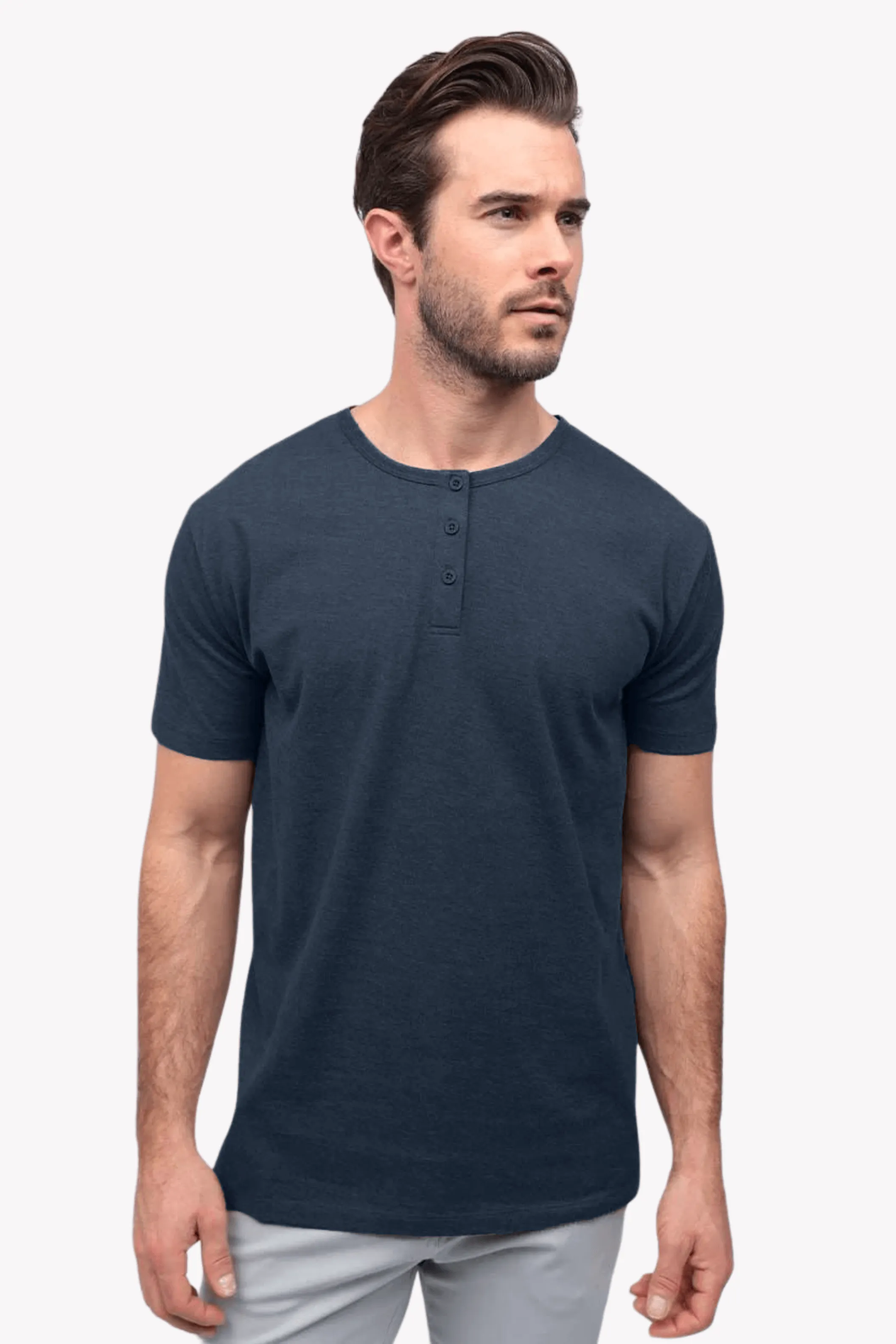 Cotton Henley Short Sleeve T-Shirt (Stretchable) Navy