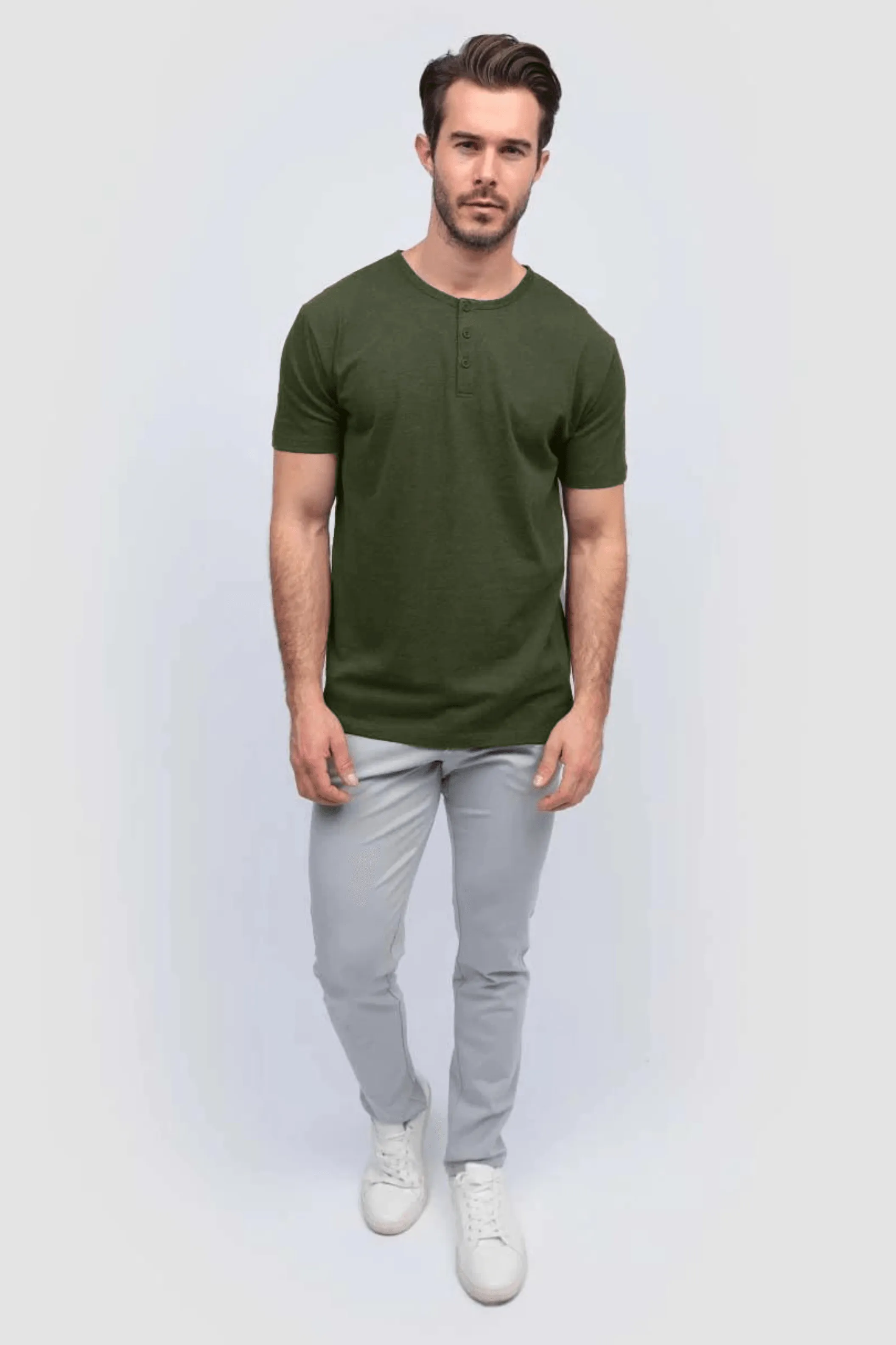 Cotton Henley Short Sleeve T-Shirt (Stretchable) Olive