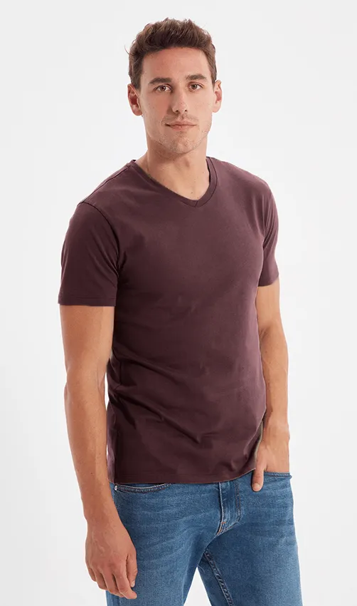 Cotton V-Neck Short Sleeve T-Shirt (Stretchable) Burgundy