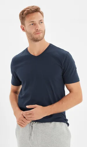 Cotton V-Neck Short Sleeve T-Shirt (Stretchable) Navy