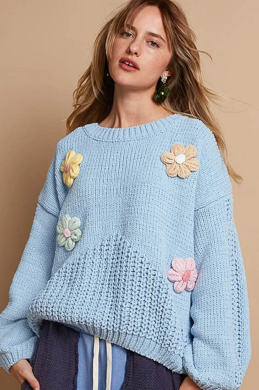 Crochet Flower Round Neck Dropped Shoulder Sweater