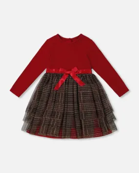 Deux Par Deux Bi-Material Dress - Jester Glittering Red Plaid