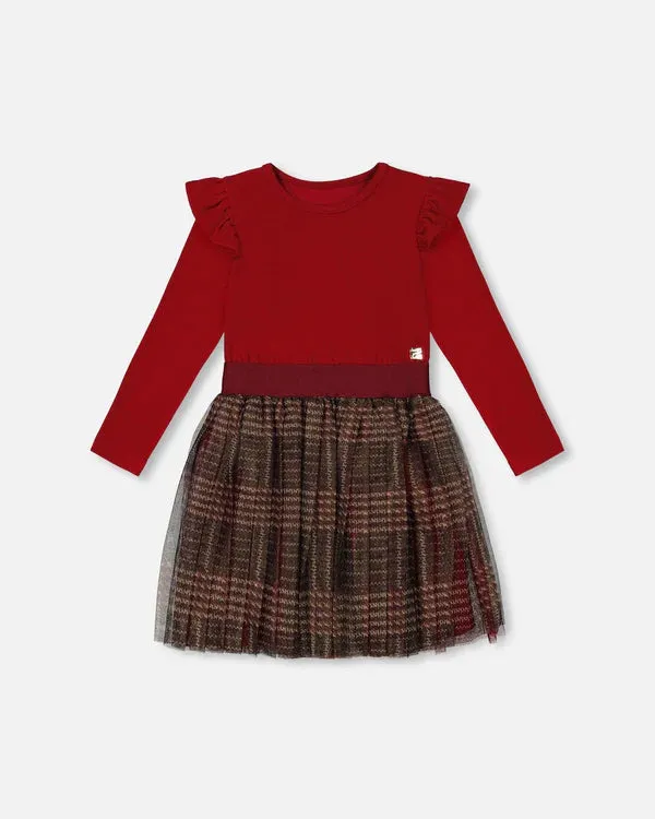 Deux Par Deux Long Sleeve Dress - Glittering Jester Red Plaid