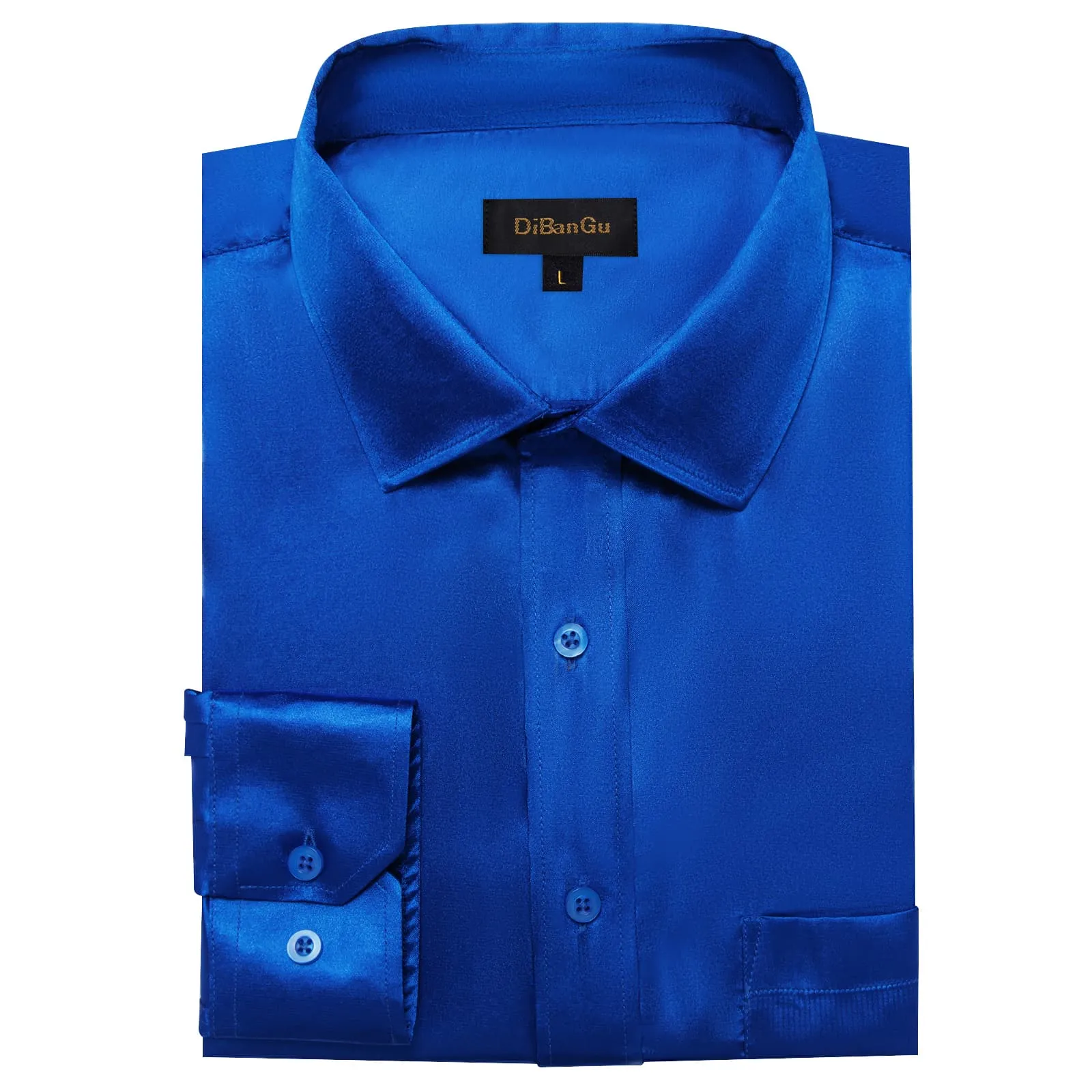 DiBanGu Dress Shirt Cobalt Blue Satin Solid Long Sleeve Button Up Shirt for Men