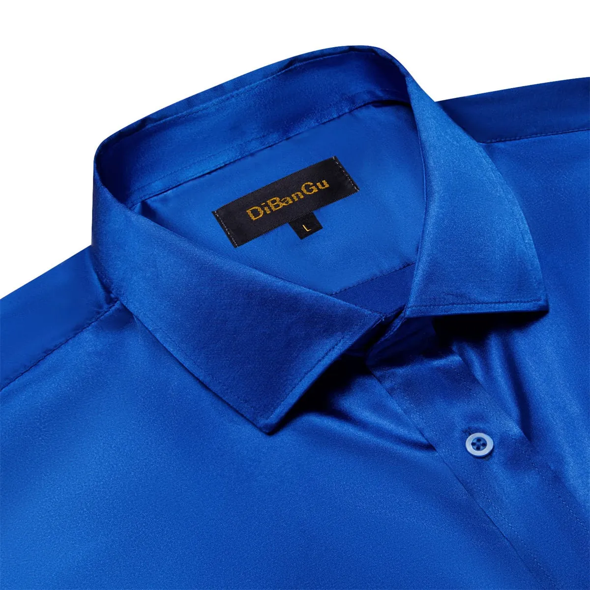 DiBanGu Dress Shirt Cobalt Blue Satin Solid Long Sleeve Button Up Shirt for Men