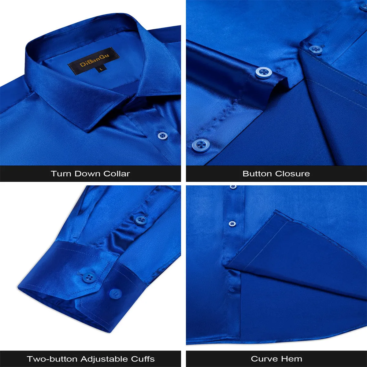 DiBanGu Dress Shirt Cobalt Blue Satin Solid Long Sleeve Button Up Shirt for Men