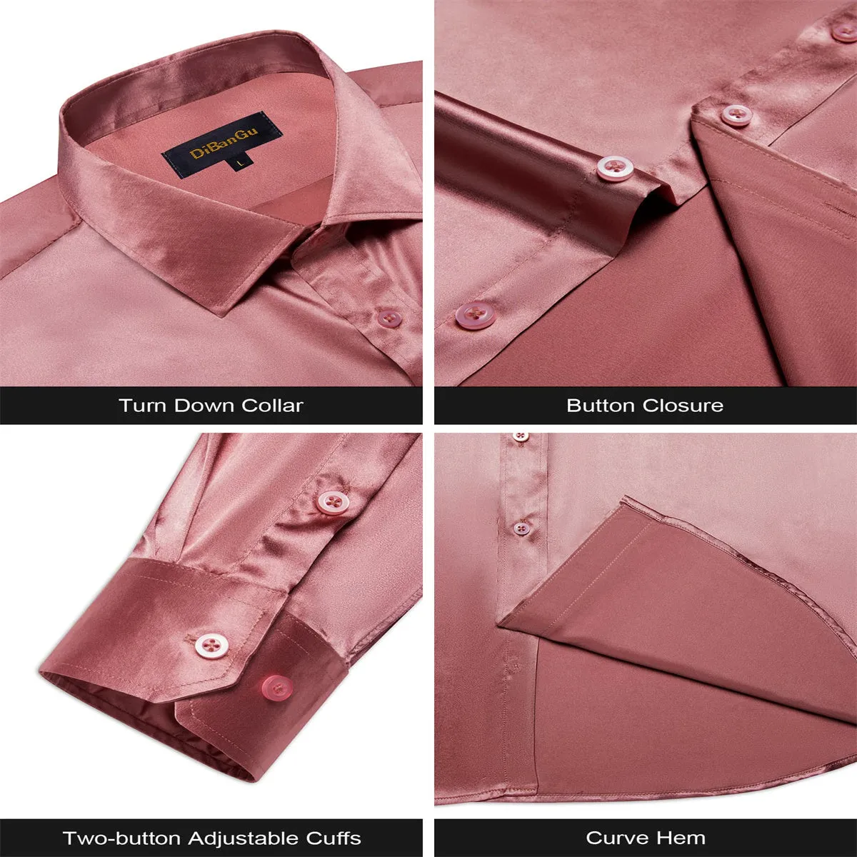 DiBanGu Dress Shirt Coral Red Satin Solid Long Sleeve Button Up Shirt for Men