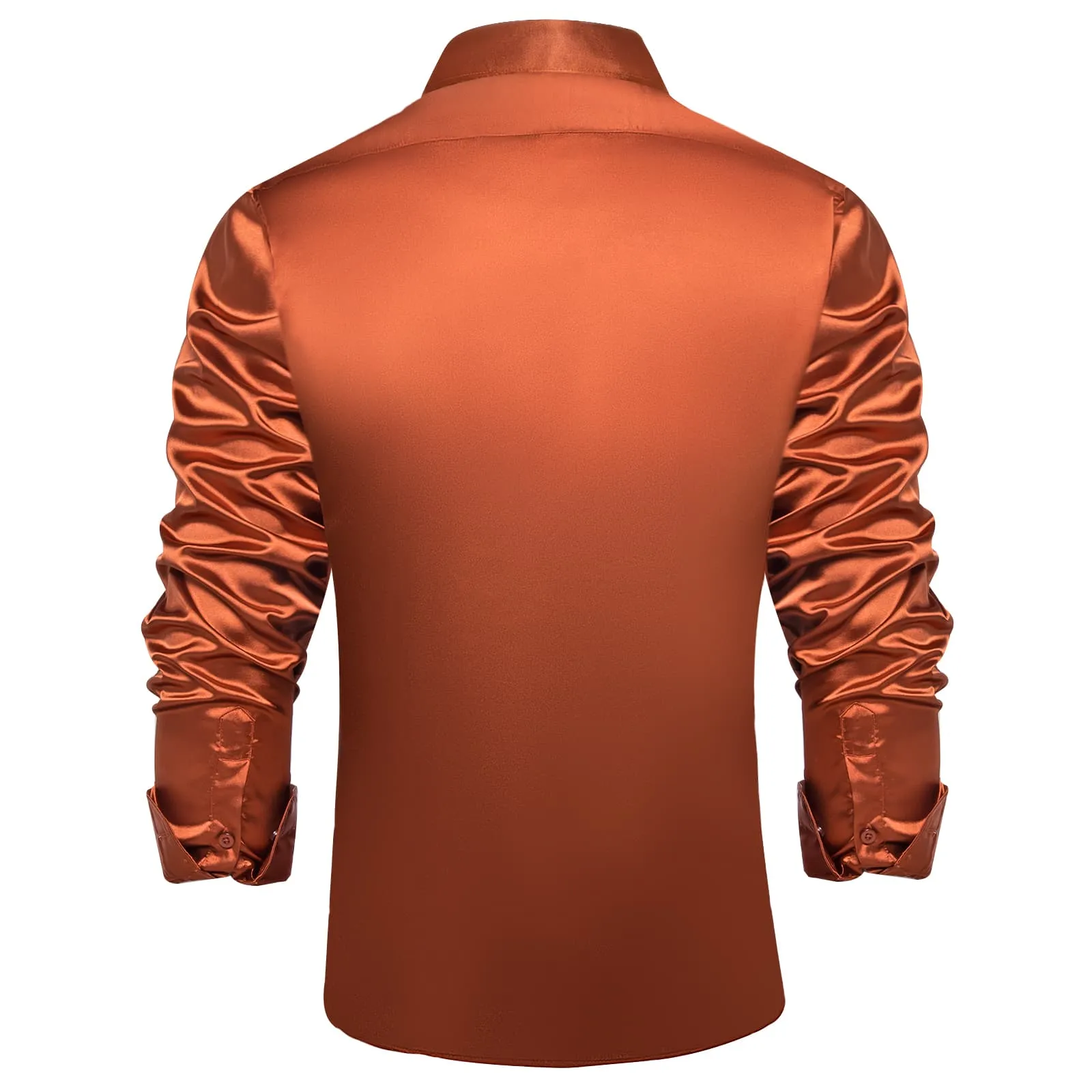 DiBanGu Long Sleeve Shirt Burnt Orange Solid Satin Mens Dress Shirt