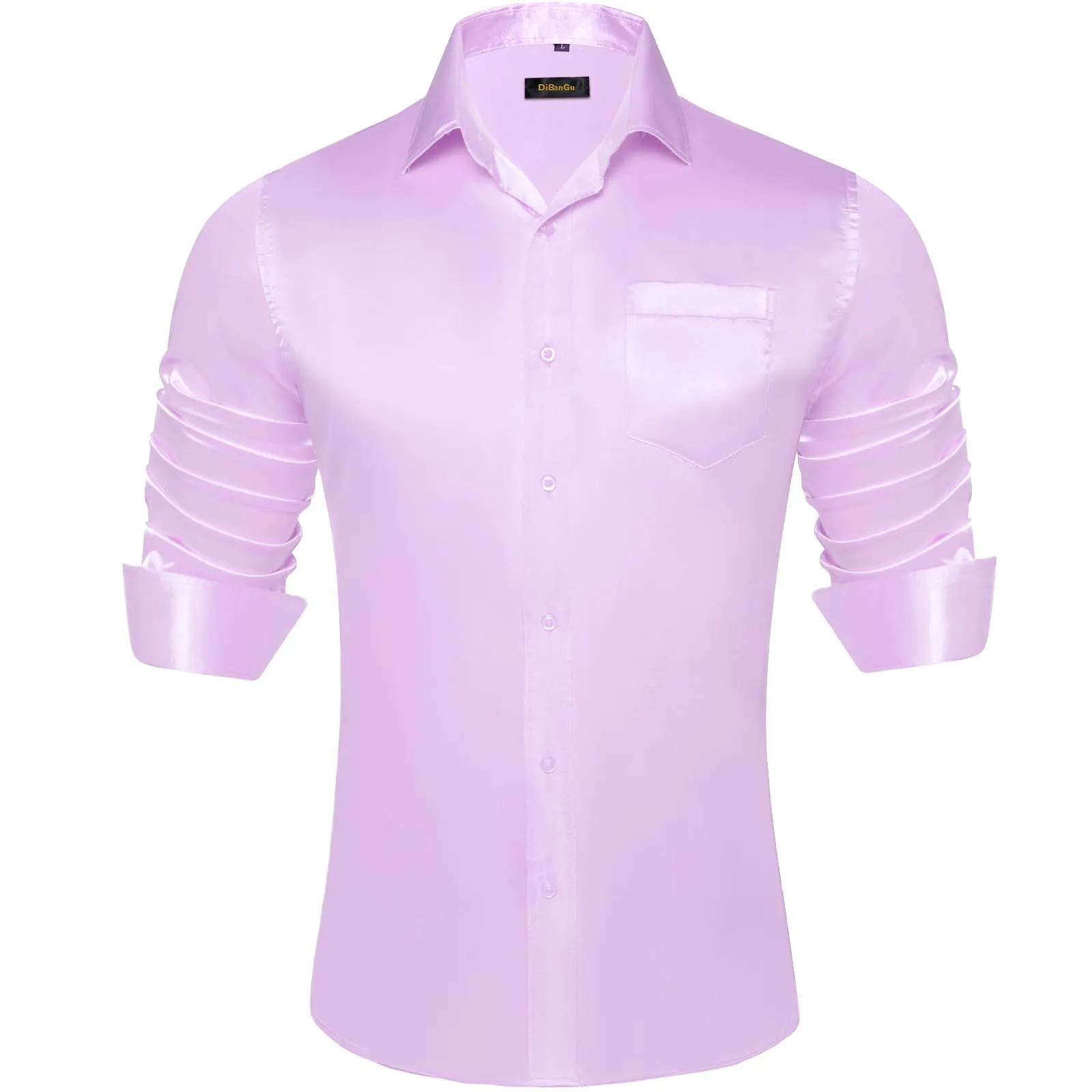 DiBanGu Long Sleeve Shirt Lavender Purple Solid Satin Mens Dress Shirt Top