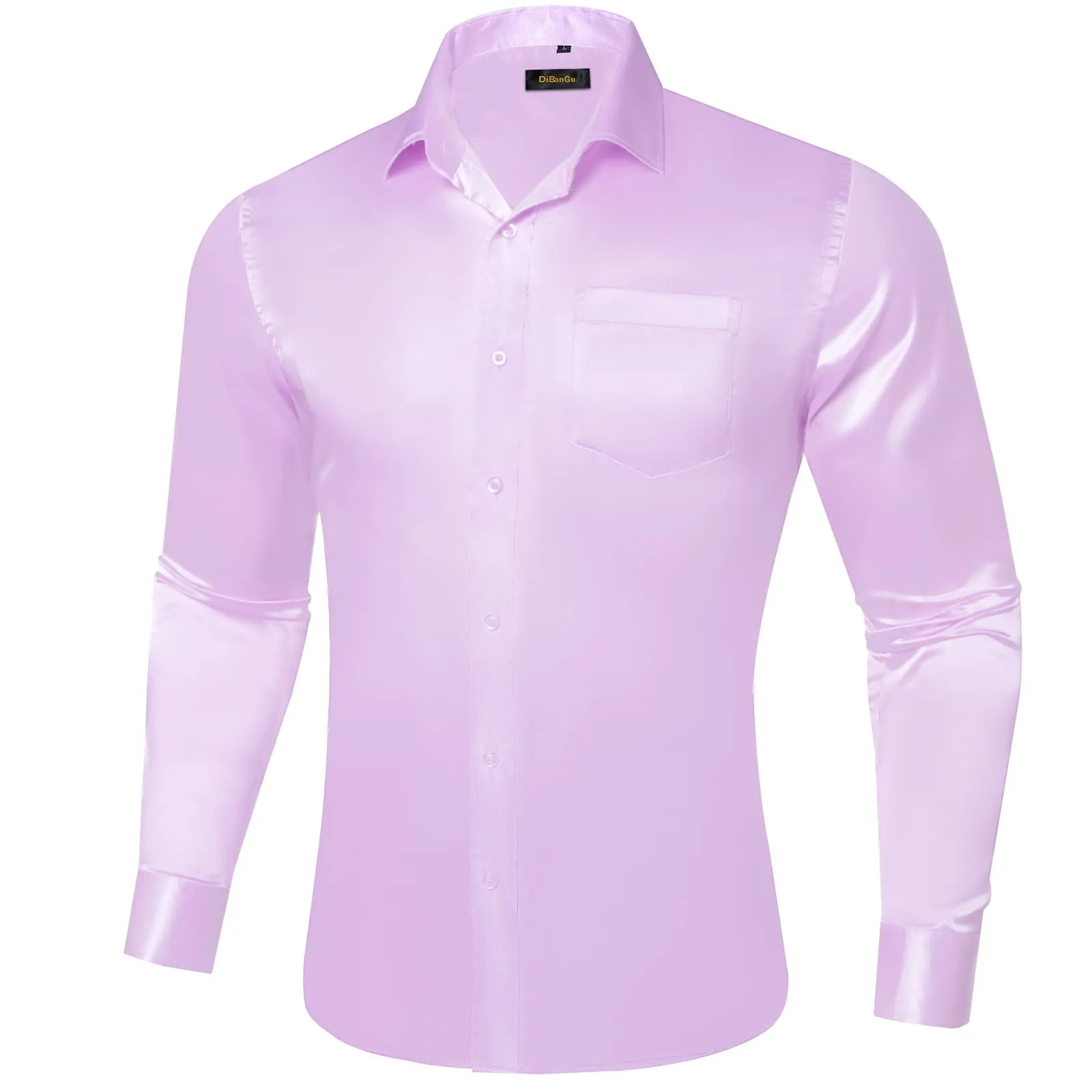 DiBanGu Long Sleeve Shirt Lavender Purple Solid Satin Mens Dress Shirt Top