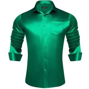 DiBanGu Long Sleeve Shirt Parakeet Green Solid Satin Men's Silk Shirt