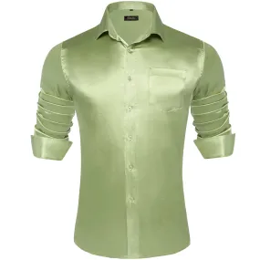 DiBanGu Long Sleeve Shirt Sage Green Solid Satin Mens Dress Shirt Top