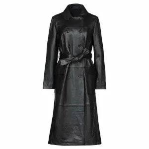 Double Breast Trench Black Leather Coat Women