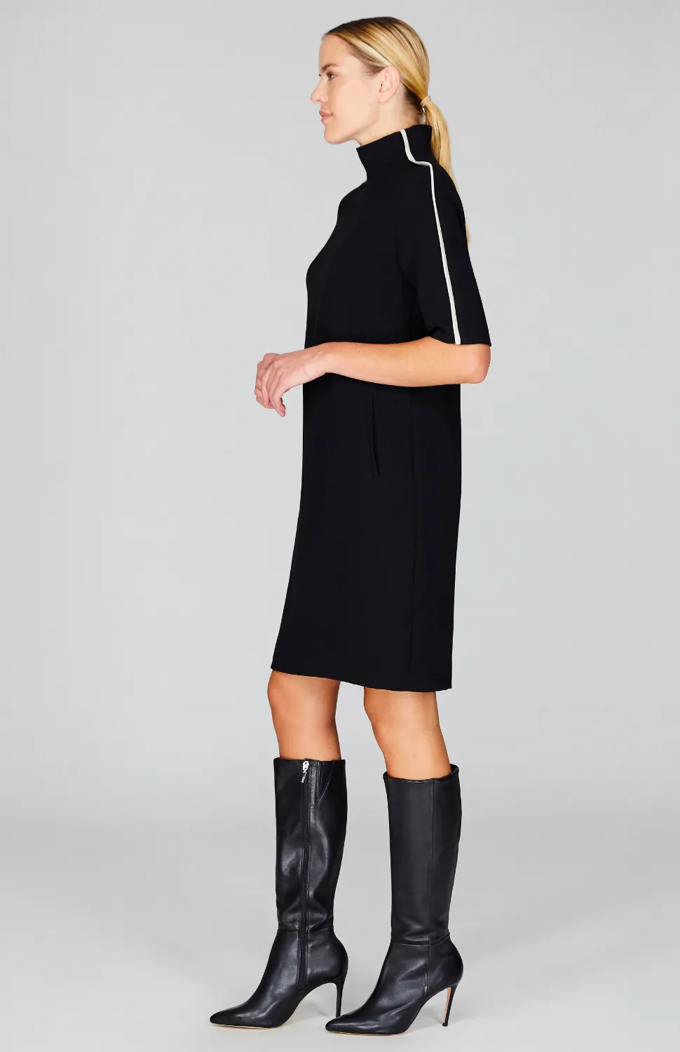 Double Face Turtleneck Shift Dress w/Contrast Bias